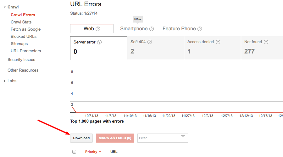 Download 404 errors in Webmaster Tools as an Excel sheet