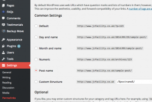 Screenshot showing how to set the permalink on a WordPress website