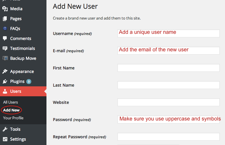 Adding a new user to WordPress