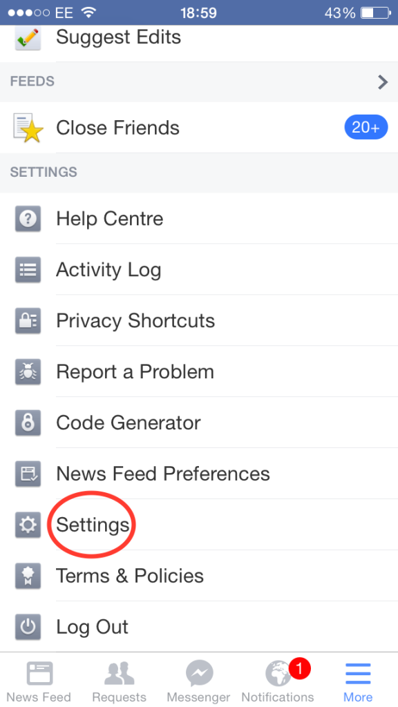 iPhone Facebook App settings