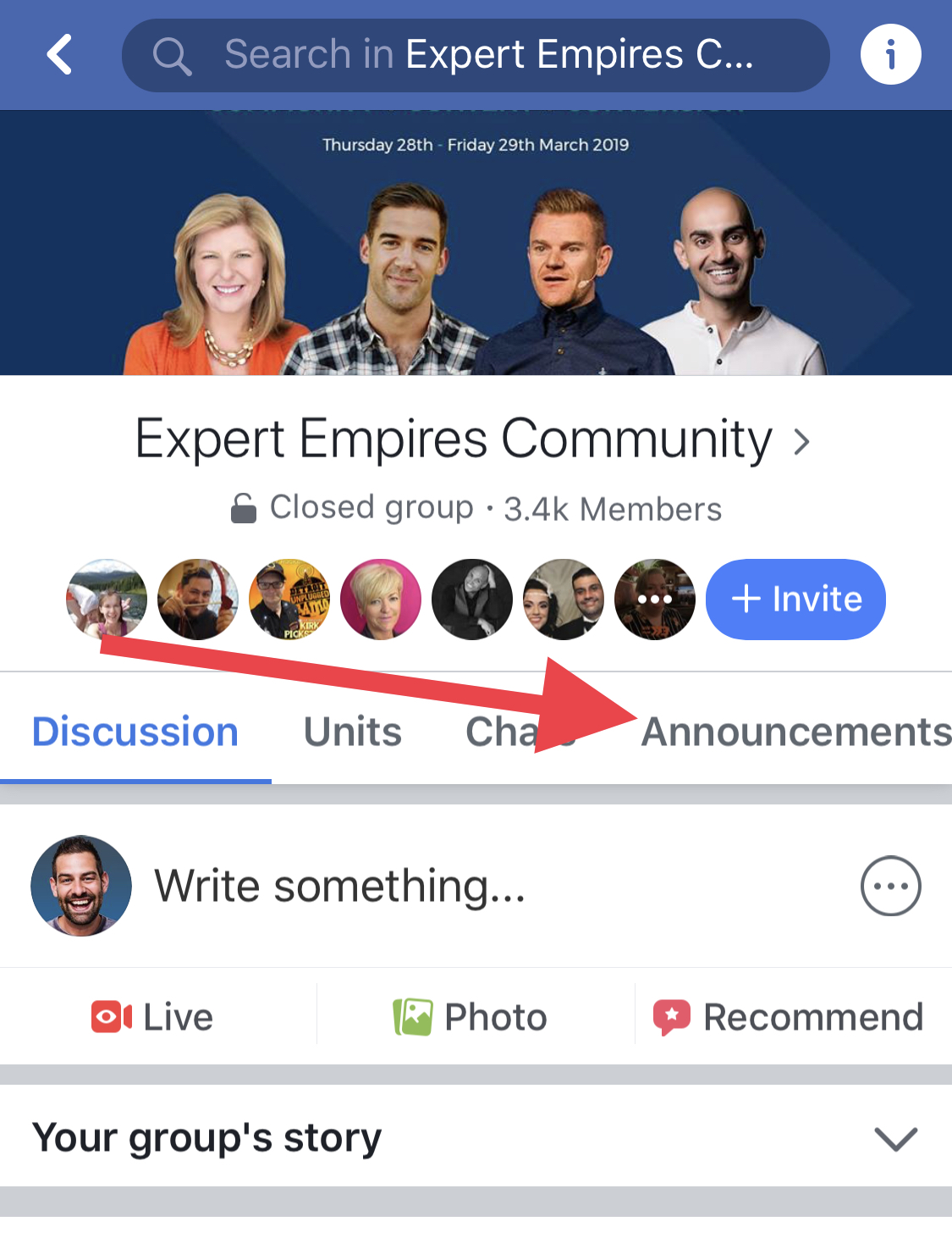 Finding announcements in a Facebook groupq